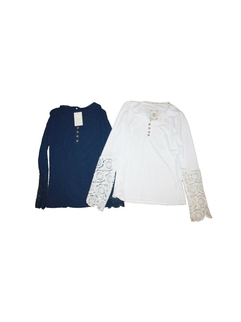 La Mode Women's Size Large L Lace-Sleeve Henley Lot of 2 Blue & White NEW